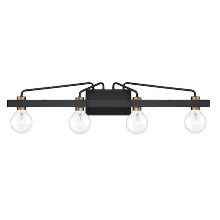 Designers Fountain Ravella 33.25in 4-Light Black Industrial Indoor Vanity Light with Old Satin Brass Accents 94204-BK